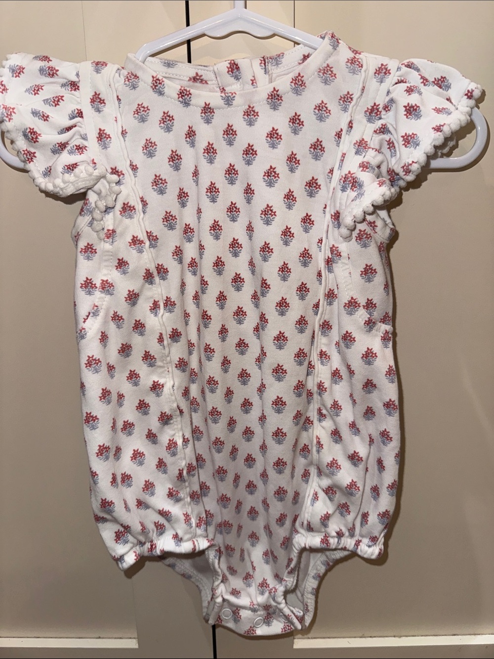 Toddler White Bodysuit with Red Floral Print and Pom Trim